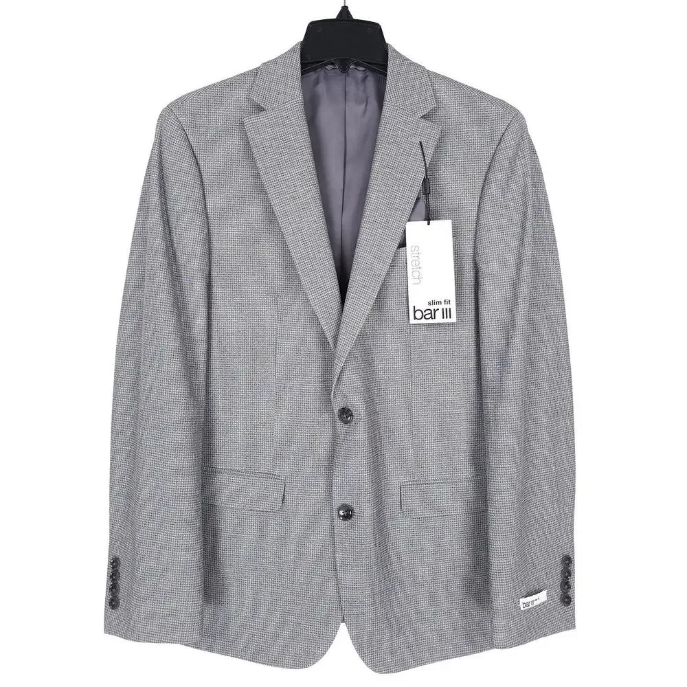 Bar III Mens Slim Fit Sport Coat Blazer 38R Grey Micro Check Stretch NWT